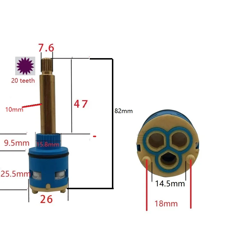 Diameter 26mm Three-speed Water Separator Salve Core Extended Brass Rod Water Separator Cartridge 82mm hight Ceramic Cartridge