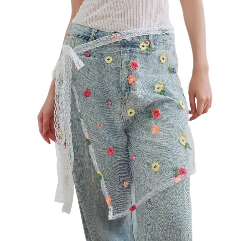 

See Through Apron Skirt Lace Up Embroidery Colorful Flower Hip Scarf for Women