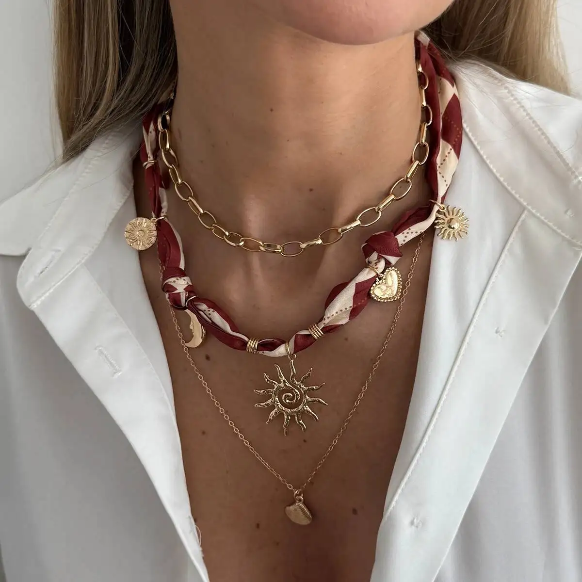 Lacteo 3Pcs/Set Bohemian Gold Color Sun Moon Heart Pendant Necklace Women Fashion Luxury Checkered Scarf Choker Necklace Jewelry