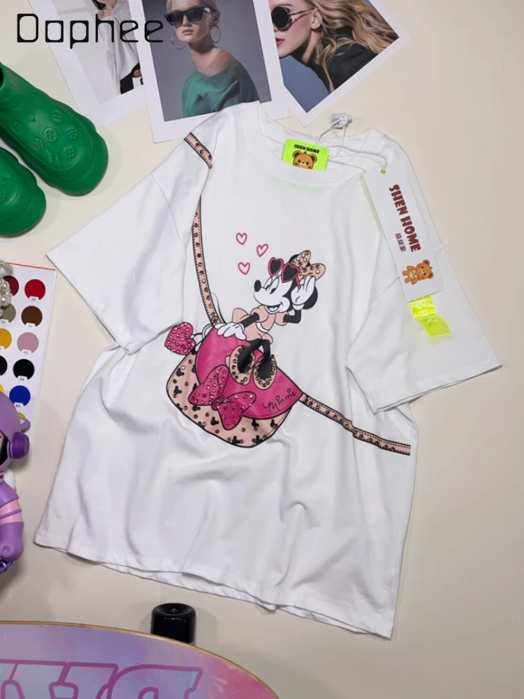 

2024 Summer New Korean Style Loose Mid-Length Cute Cartoon Printed Short Sleeve T-shirt Fashion Casual Rhinestone Women Tops