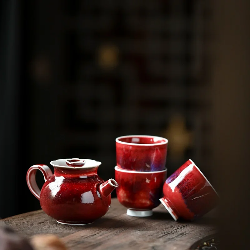 ★Jingdezhen Ceramic 4-Person Tea Set Simple Lang Red Kiln Change Complete Set Kung Fu Tea Set Gift Combination Tea Ware