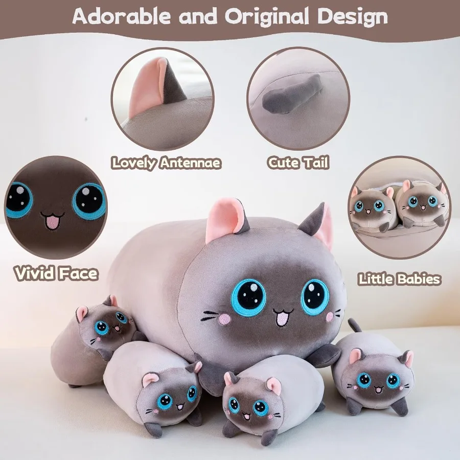 Siamese Cat Plush Stuffed Animals with 4 Kitties Plushies 16 Soft Jumbo Pillow Gifts for Him Her Girlfriend Boyfriend