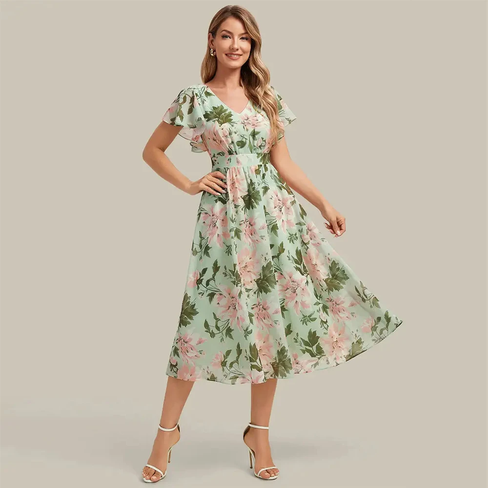 

BAZIIINGAAA Evening Dress Short Sleeve Ruffle V-Neck A-Line Midi Non-Stretch Luxurious Chiffon Comfort Wedding Evening Dresses