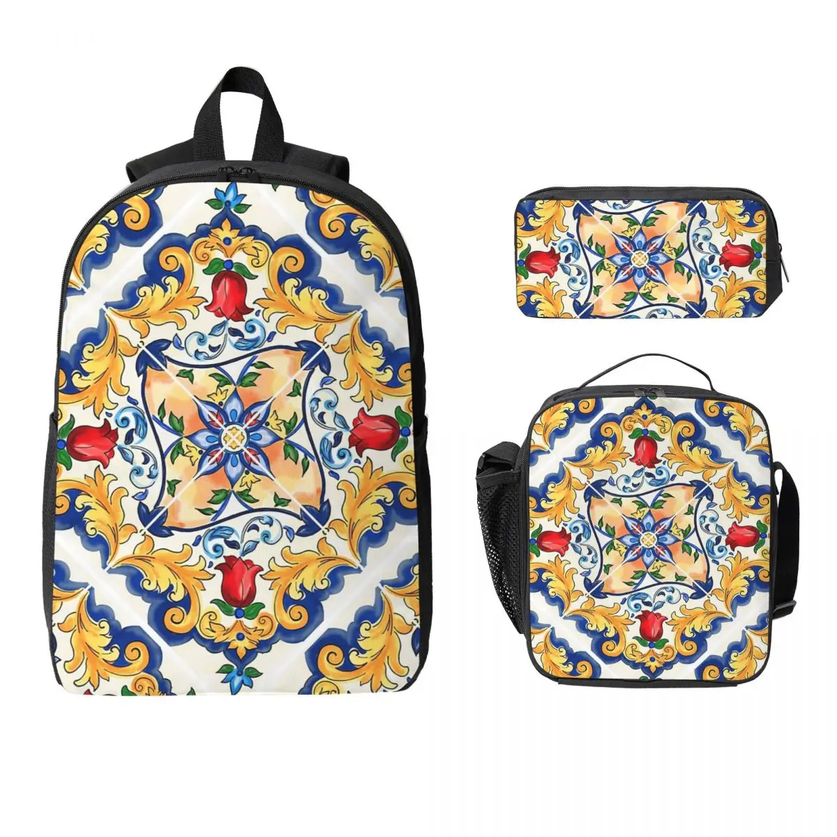 

Sicilian Majolica Colourful Floral Flourishes Tile Pattern Backpack BookBag School Bag 3ps Insulated Lunch Bag Pencil Case