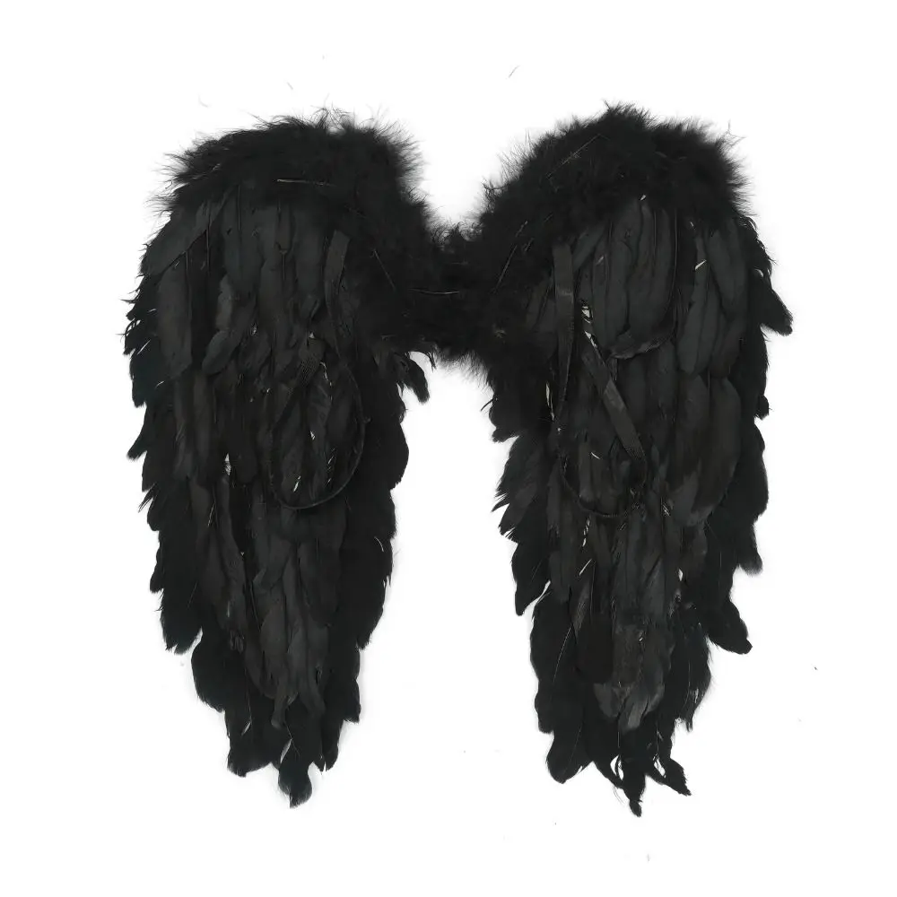 Costume D'ange Pour Enfant – Ailes Noires 45x35 Cm, Halo Et Baguette – Plumes Réelles, Bretelles Réglables – Halloween Cosplay