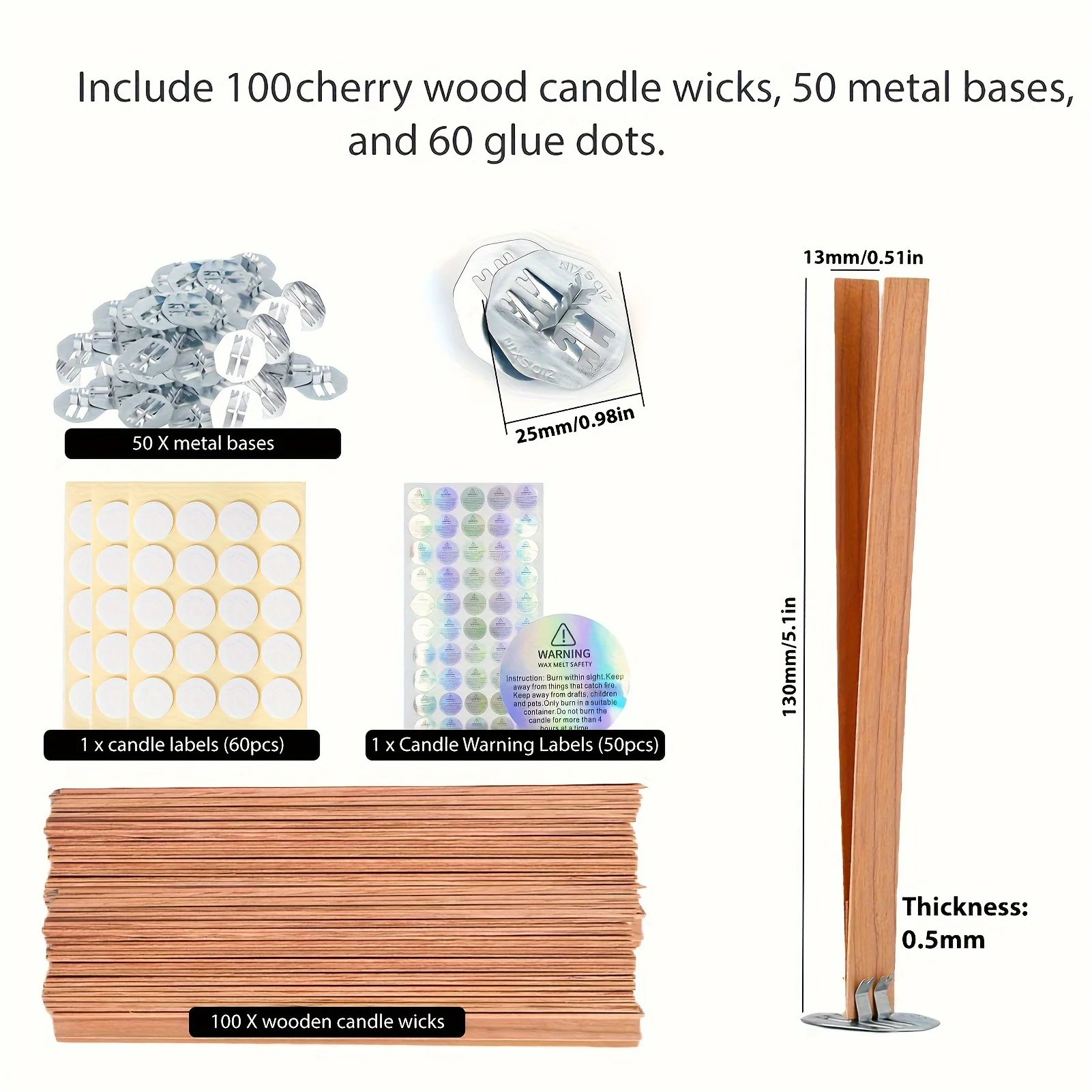 100pcs Candle Making Wick, Wooden Candle Wick, Wood Wick, Smokeless Crack Wood Wick with 50pcs Iron Frame, 60pcs Glue Dots, 50pcs Warning Label