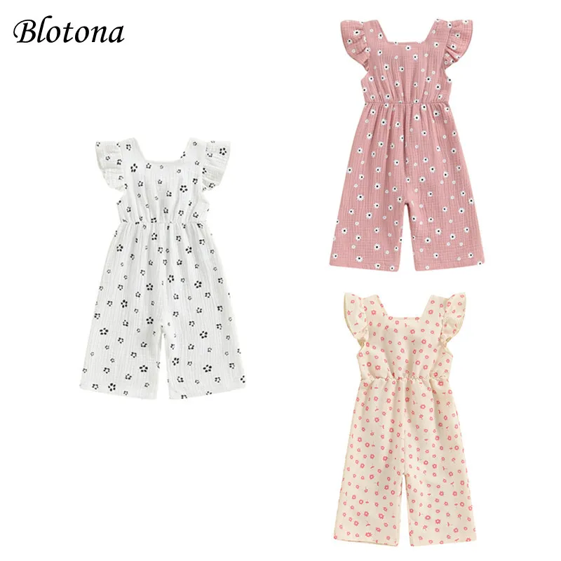 

Blotona Little Girl Summer Romper Casual Floral Print Ruffled Square Neck Jumpsuit Pants for Toddler Kids Cute Overalls Clothes