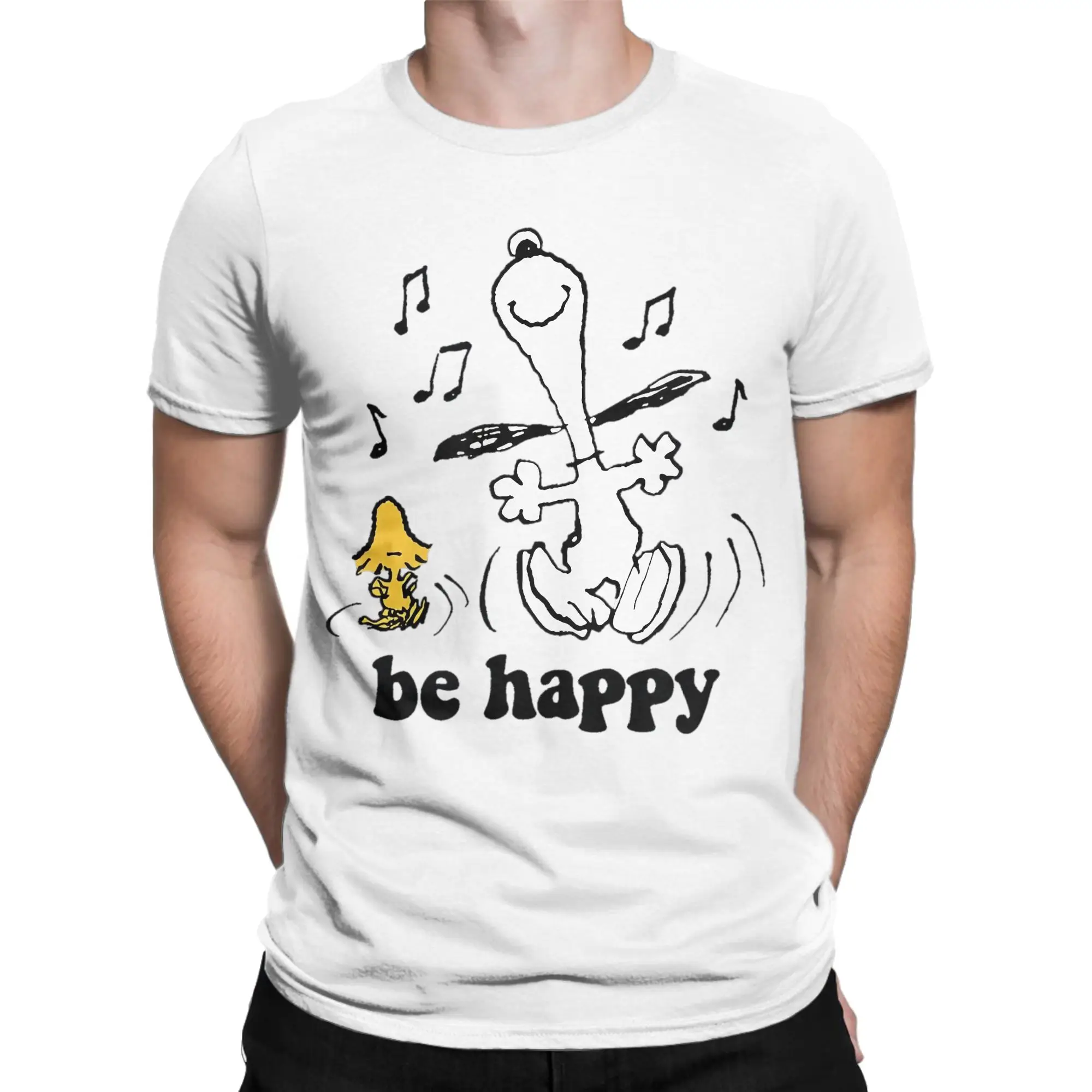 Snoopy and Woodstock's Be Happy Dance T Shirt for Men 100% Cotton T-Shirt Round Collar Cartoon Tee Shirt Short Sleeve Clothes