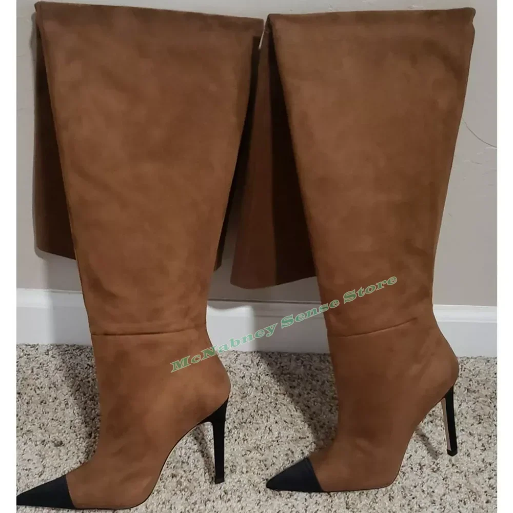 Suede Pointy Toe Solid Boots Pleated Over The Knee Slip On Women Winter Shoes Thin High Heels Party Casual Designer Boots New