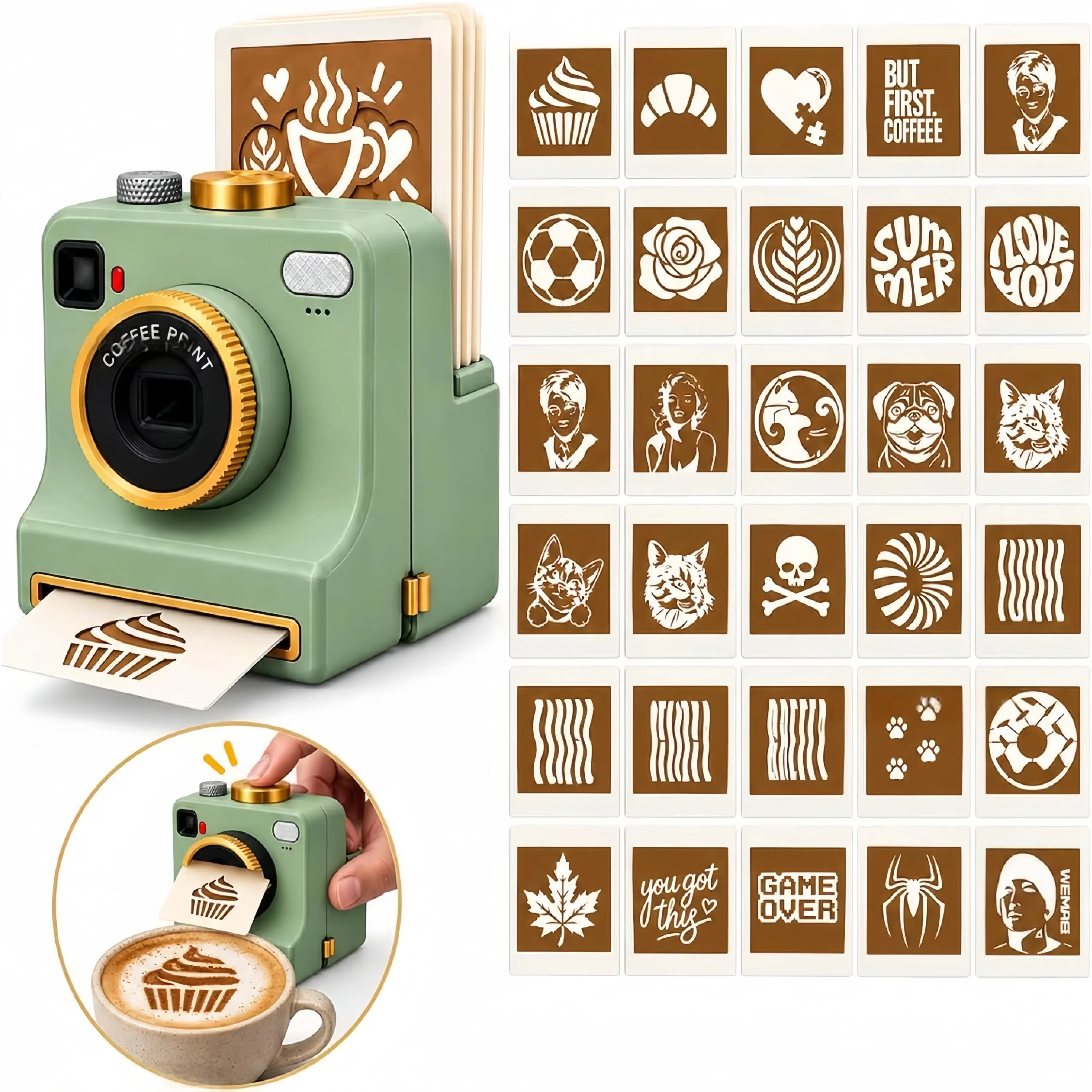 3D Camera Latte Art Coffee Printer Manual Chocolate Foam Maker Machine DIY Coffee Decorating Kit with Stencils One-Touch