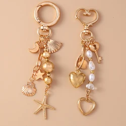 Pretty Alloy Love Heart Key Chain Shell Starfish Key Ring Pendants for Women Girls Handbag Decor DIY Handmade Jewelry Gifts