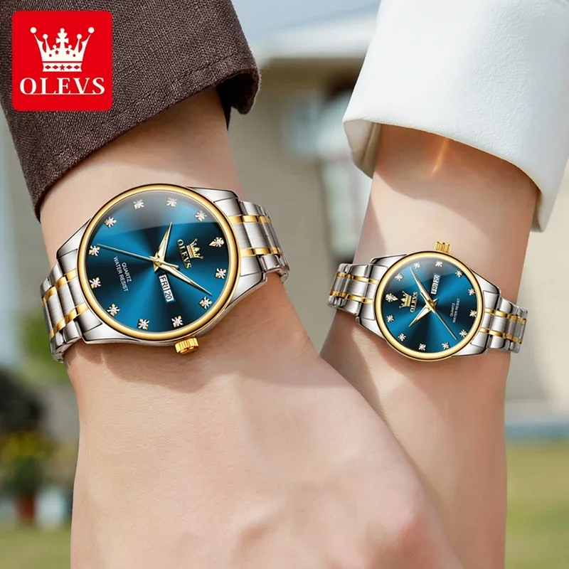 Olevs 3612 luxury business quartz couple watch dual calendar hand clock stainless steel waterproof watch men women