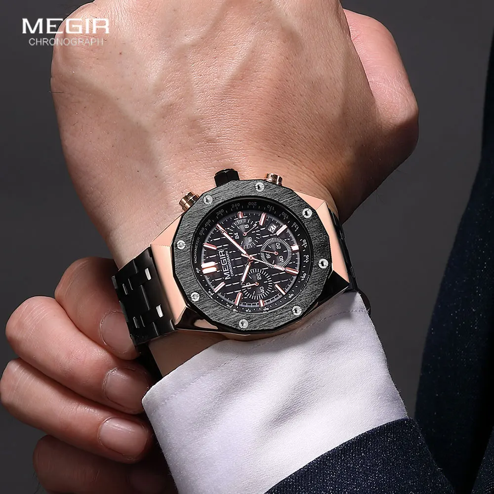 MEGIR Fashion Dress Watch Men Stainless Steel Strap Waterproof Quartz Wristwatch with Chronograph Auto Date Luminous Hands 2213