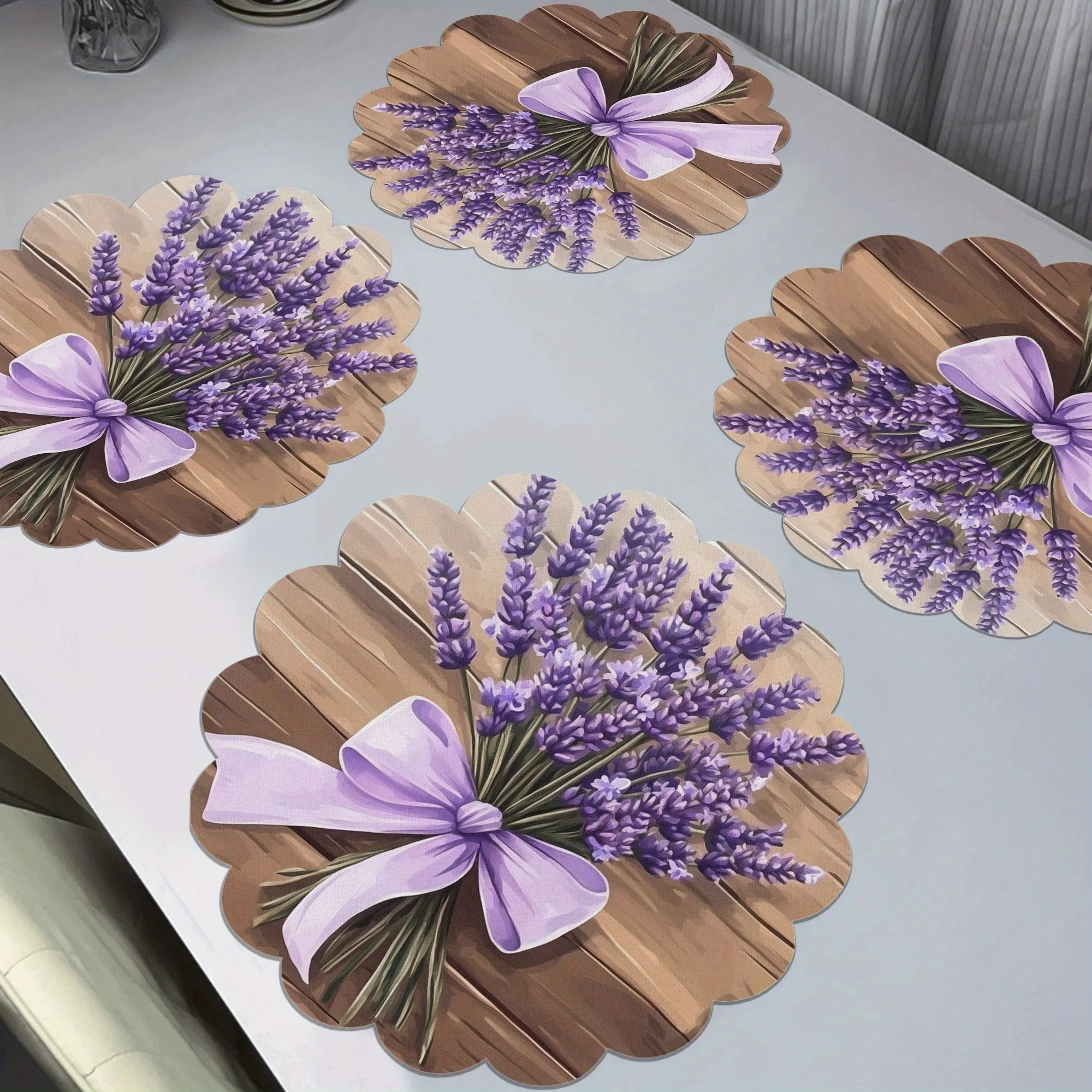 VIKAMA Lavender Bow Scalloped Round Placemat Wood Texture Table Mat Waterproof Heat Resistant Plate Pad Farmhouse Dining Decor