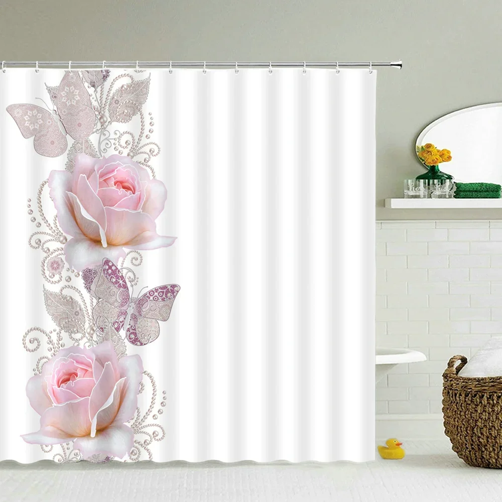 Butterfly Flower Shower Curtain Pink Rose Pearl Cherry Blossom Fashion Lady Bathroom Decor Waterproof Cloth Hooks Curtains Set