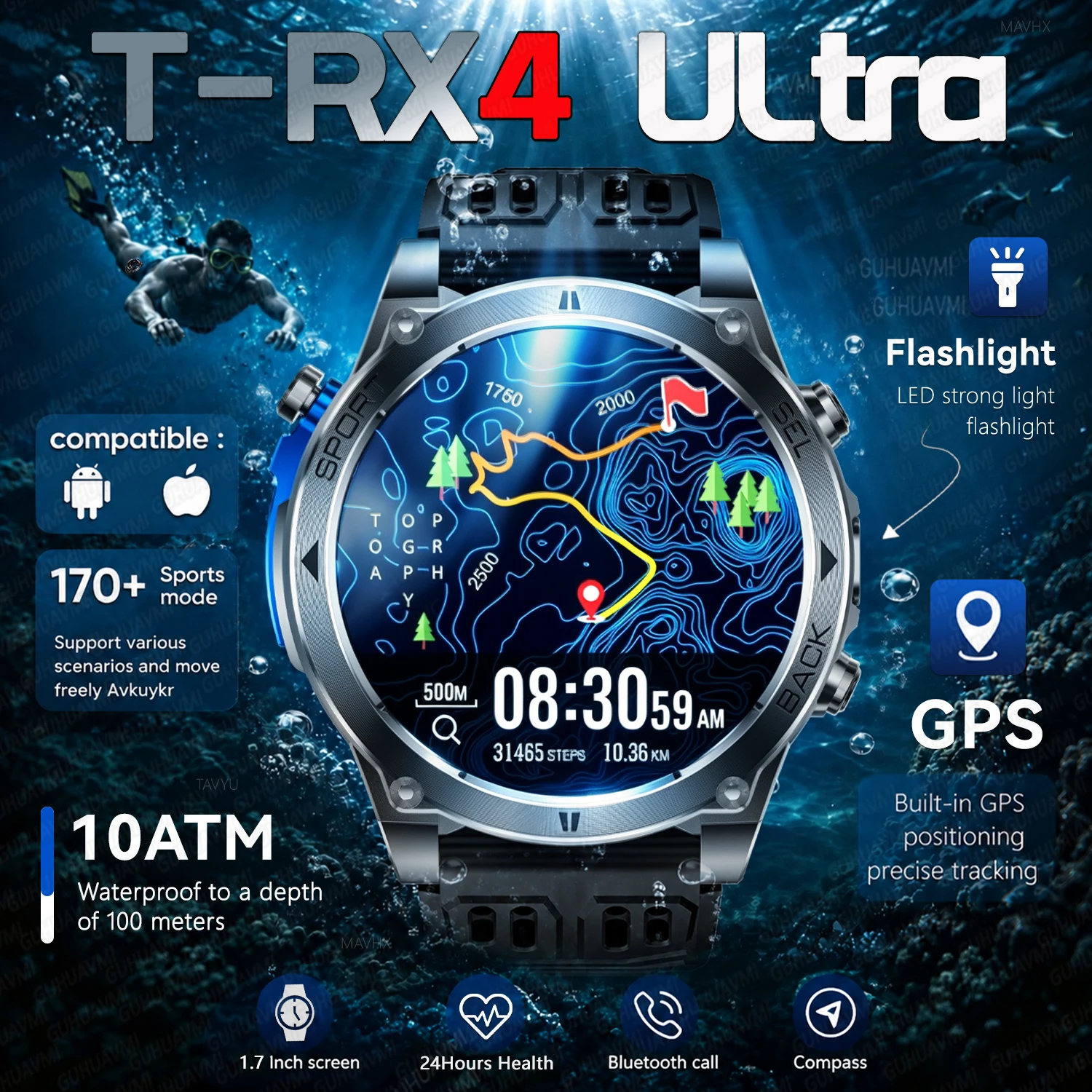 2026New Military T-RX4 Built in GPS Outdoor Smart Watch 10ATM Waterproof Compass 850mAh Battery 1.7”AMOLED Sports Fitness Clock