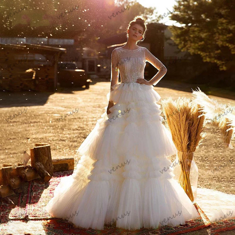 Tule Ruffle Vestidos De Noiva Para Mulheres, Vestidos De Casamento Modernos, Vestes Elegantes para Festa Formal, A Line