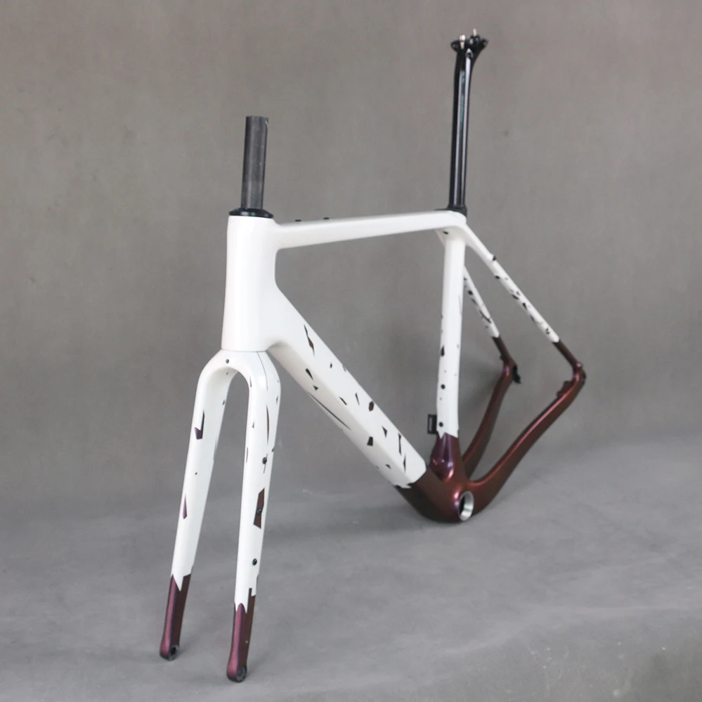 Carbonfaser-Gravel-Fahrradrahmen GR048 Chameleon 1005, weißes gesprenkeltes Design, T47-Tretlager