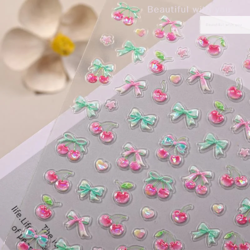 

Cute Cherry Bow Nail Stickers Relief 3D Nail Appliques Adhesive Sliders Nail Art Accessories Nail Decoration