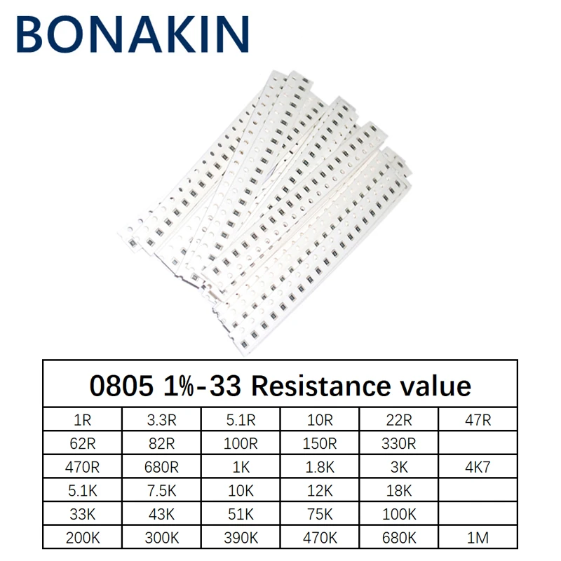 Комплект резисторов 0805 SMD в ассортименте, 1 Ом-1М Ом 1% 33valuesX 20 шт. = 660 шт., набор образцов