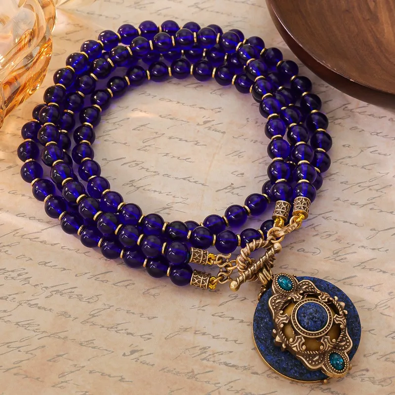 Vintage Carved Agate Stone Necklace, Antique Double Layer Pendant Retro Classical Elegant Jewelry