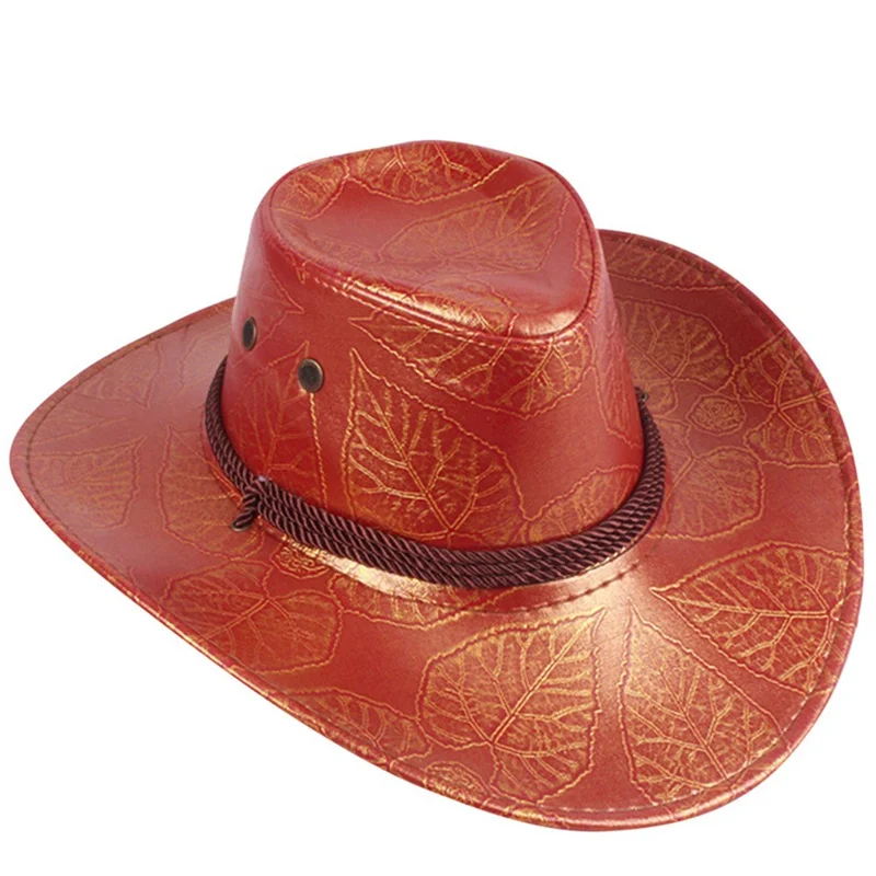 Western Cowboy Hat American Jungle Knight Hat Large Brim Bucket Caps PU Leather Leaves Printing Panama Outdoor Farm Cap Unisex