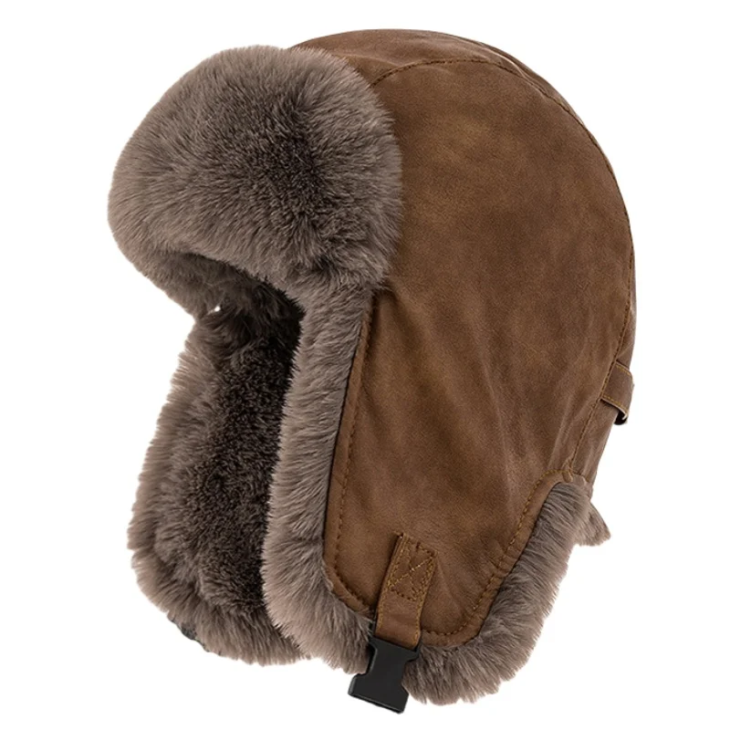 SupSindy Men Winter Bomber Hat Outdoor Motorcycle Windproof Thicken Warm Faux Fur Pilot Earflap Hat Leather Thermal Ushanka