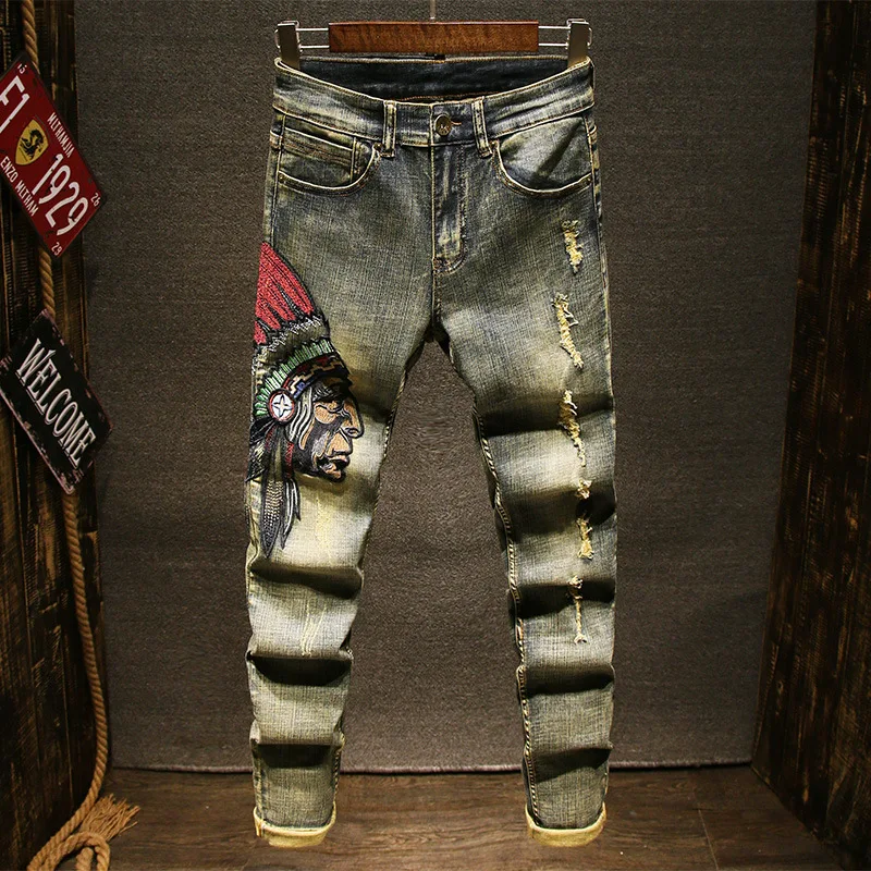 Autumn Winter Embroidered Ripped Jeans for Men Slim Fit Stretchy Trendy Vintage Washed Denim Pants