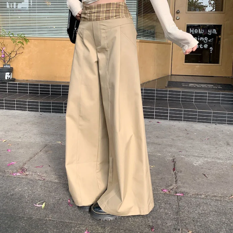 2025 Vintage braune Patchwork-Karo-Freizeithose für Damen im Herbst und Winter, lockere Hose mit weitem Bein