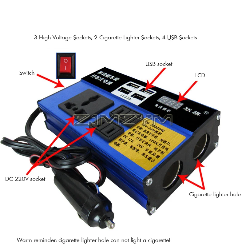 Car Power Inverter LCD, DC 12V 24V to AC 220V Car Charger Adapter with 3 AC Outlets Dual Cigarette Lighter 4 USB Ports Charger