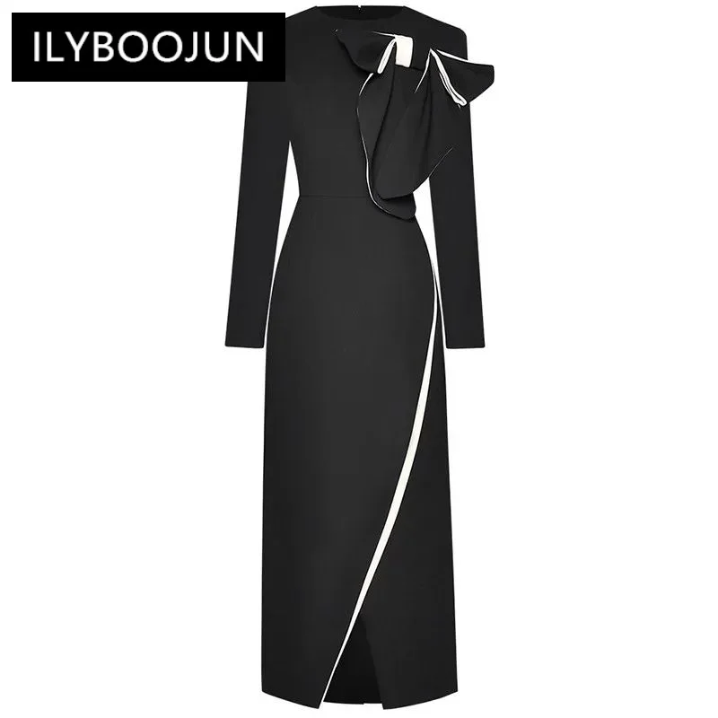 ILYBOOJUN Fashion Designer Autumn Women\'s dress Long sleeved Bow Slim Package hip Elegant Commuter Split Dresses