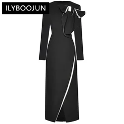 ILYBOOJUN Fashion Designer Autumn Women's dress Long sleeved Bow Slim Package hip Elegant Commuter Split Dresses