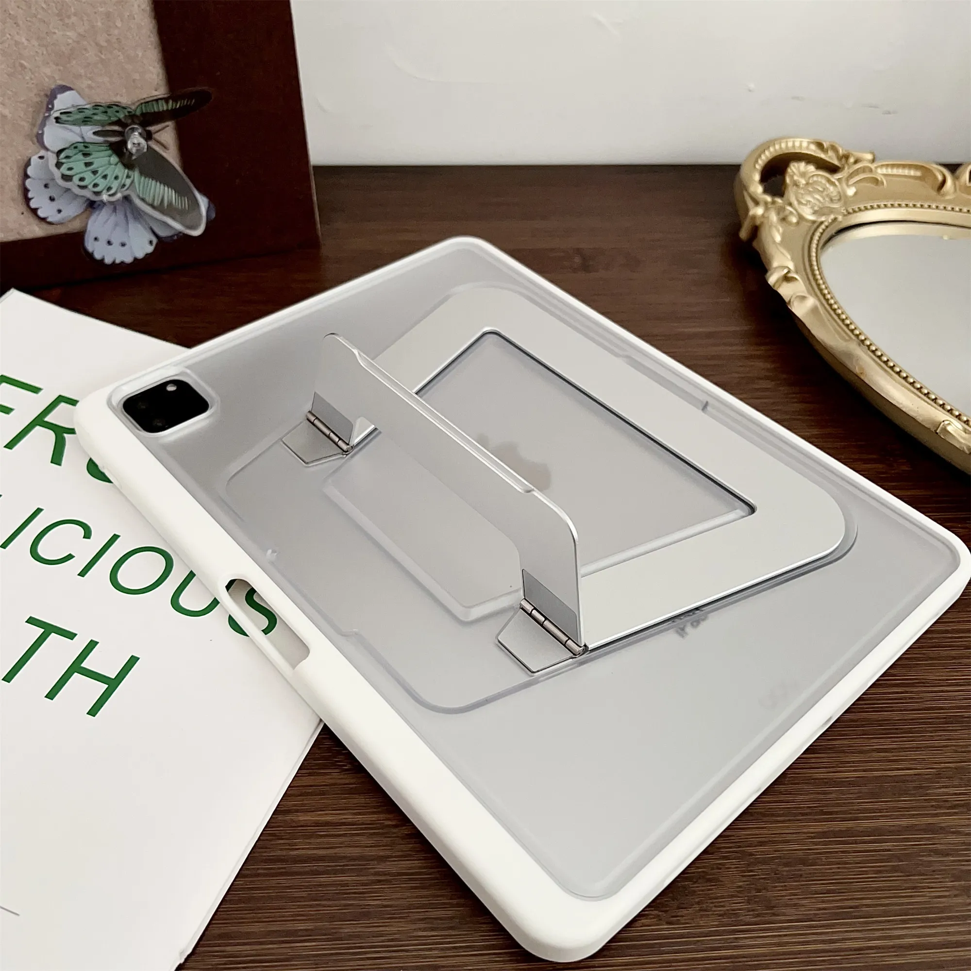 For iPad Air 11 (2026) / (2025) / (2024) Case with Pencil Holder Metal Foldable Kickstand TPU Acrylic Matte Tablet Cover - White