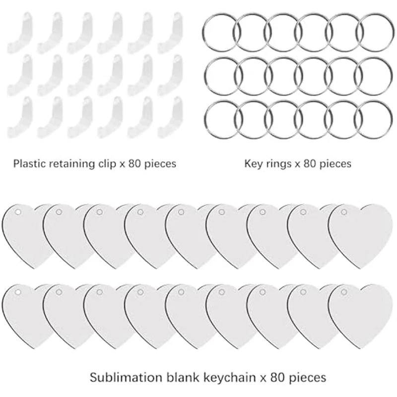 240-teiliges Herz-Doppelseiten-Sublimations-Schlüsselanhänger-Rohlinge-Set inklusive 160 Ringen und Clips für individuelle Schlüsselanhänger