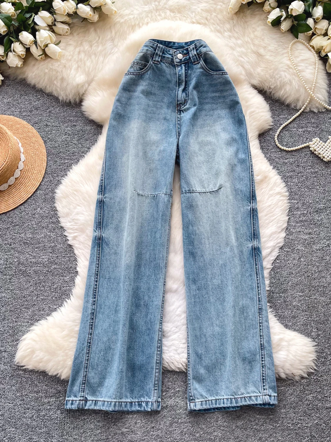 

Retro Commuter Style High Waist Loose Women's Blue Jeans Summer Straight Leg Slimming Versatile Long Pants