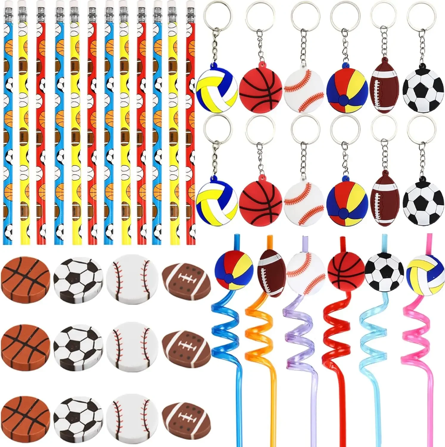 

Sport Balls Party Favors, Kids Basketball Football Rugby Baseball Volleyball Keychains Straws Birthday Party Favors Supplies