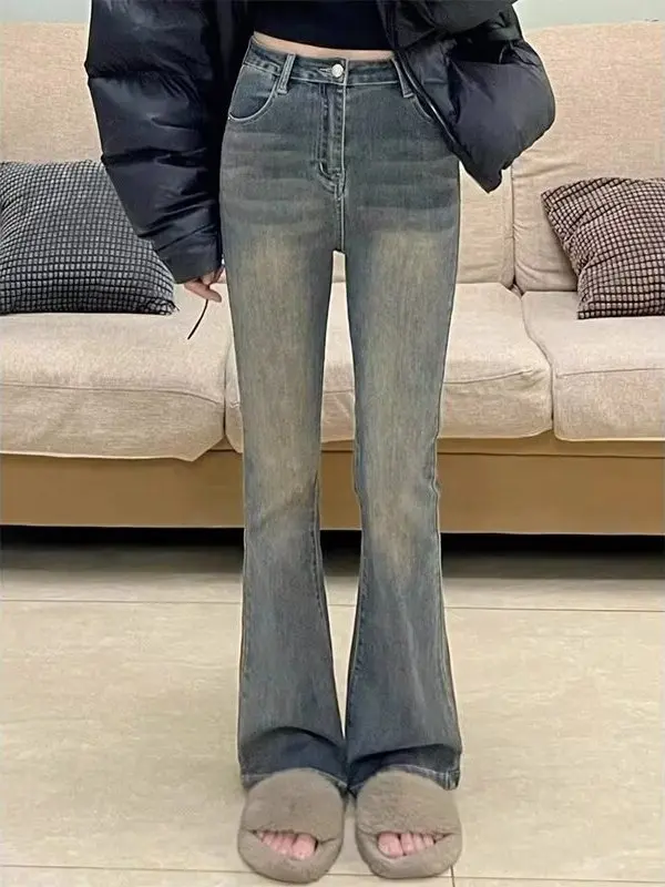 

Retro High Waist Fleece Lined Bootcut Jeans Women's Autumn Winter Warm Micro Flared Denim Pants Washed Blue Slim Straight Fit