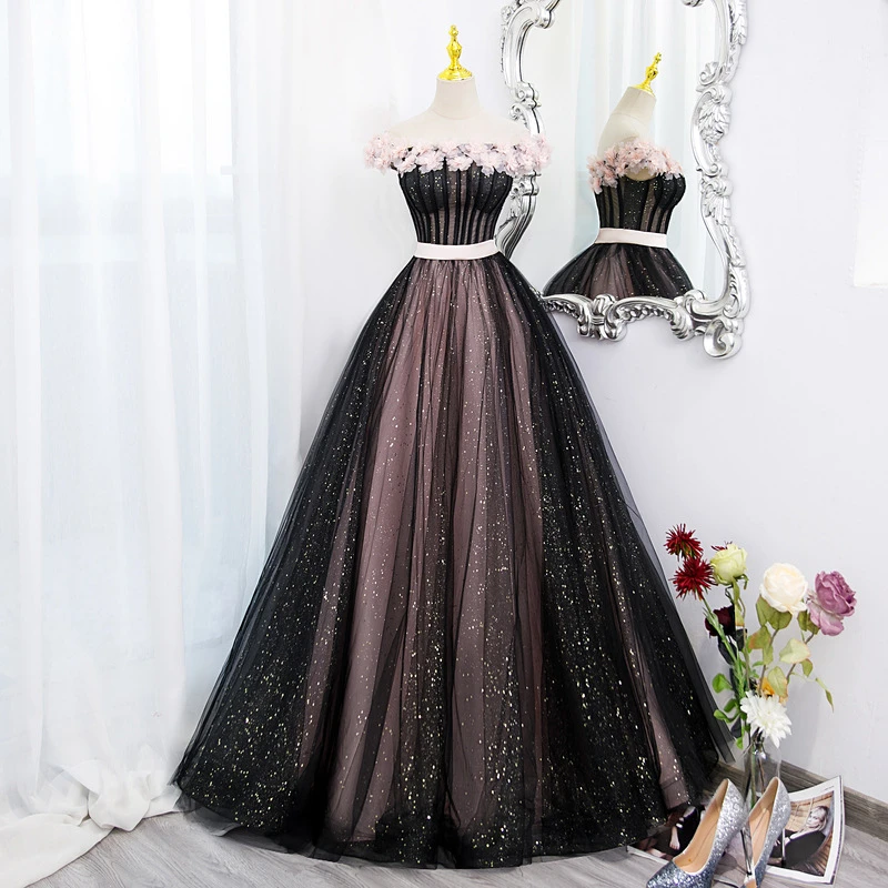 Customized Sweet Floral Appliques Strapless Sleeveless Princess Dress High Waist A-line Ball Gown Mesh Tiered Sequin Floor Lengt