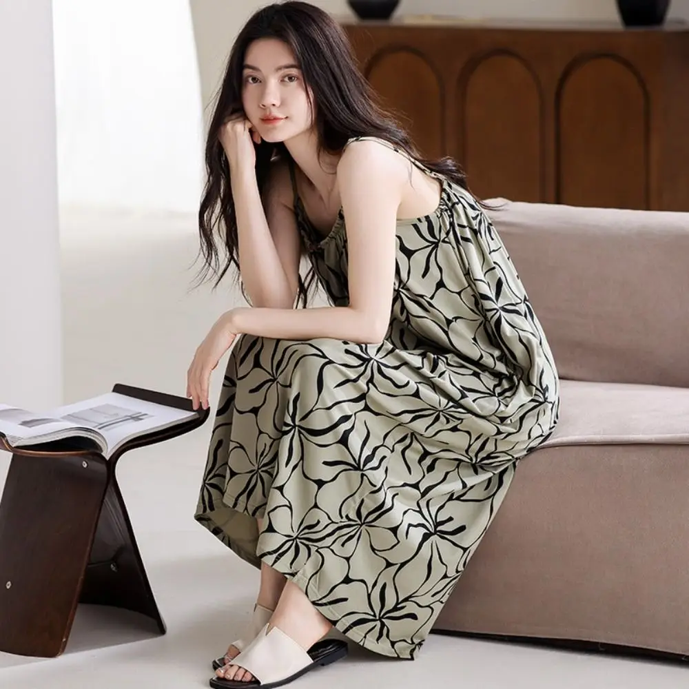 

Fashion Modal Women's Pajama Dress Flower Ruffle Suspender Nightdress Loose Homewear Sling Nightgown with Pads Summer