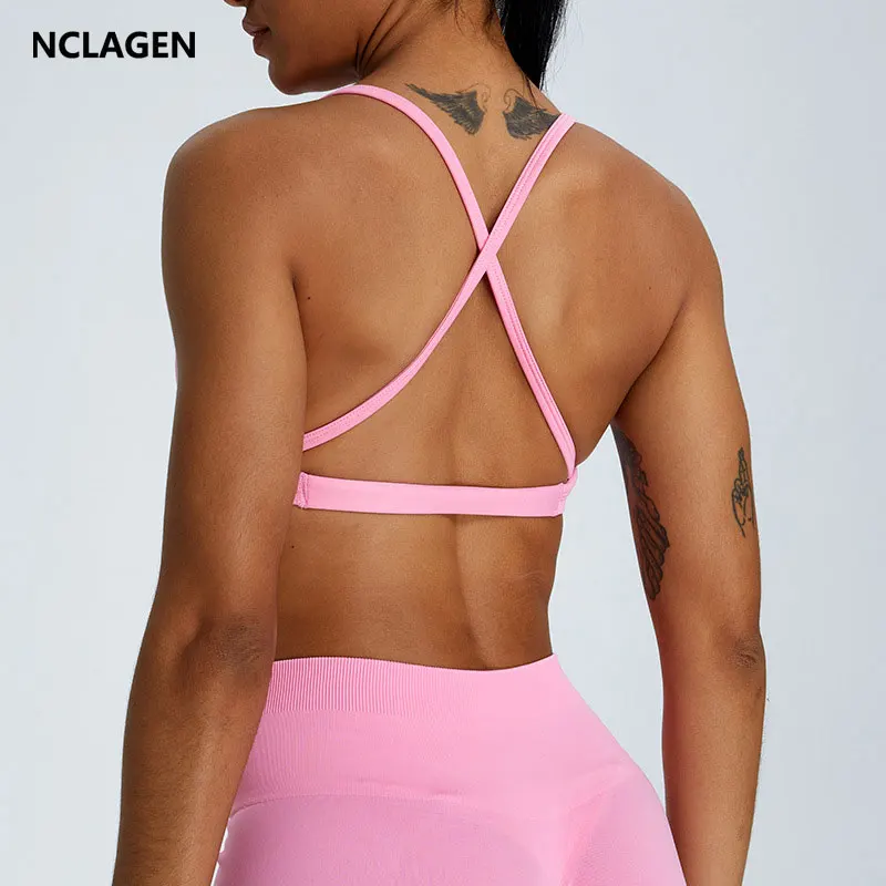 NCLAGEN Seamless Sports Bra Women High Support Impact Cross Back Fitness Crop Tank Top Gym Push Up Running Underwear Thin Strap