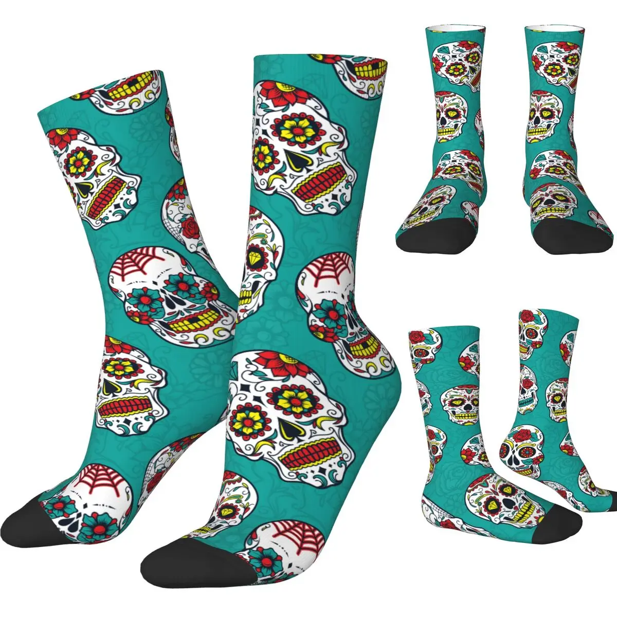 Autumn Winter Hip-hop Women Men Day Of The Dead Sugar Skull Socks Floral Ornament Flower Breathable Skateboard Socks