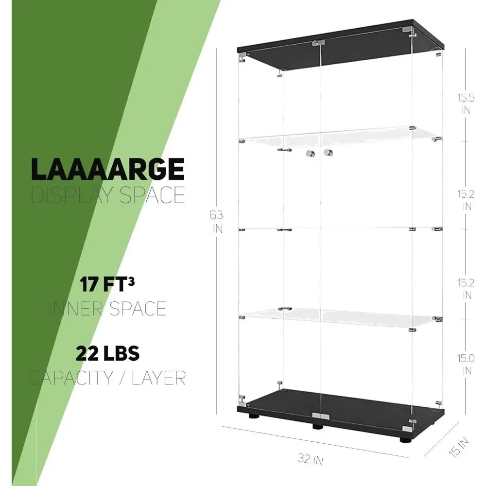 XMSJ Living Room Cabinets with 4 Shelves,  Cabinets for Living Room, Black Floor Standing Glass Bookshelf, Living Room Cabinets