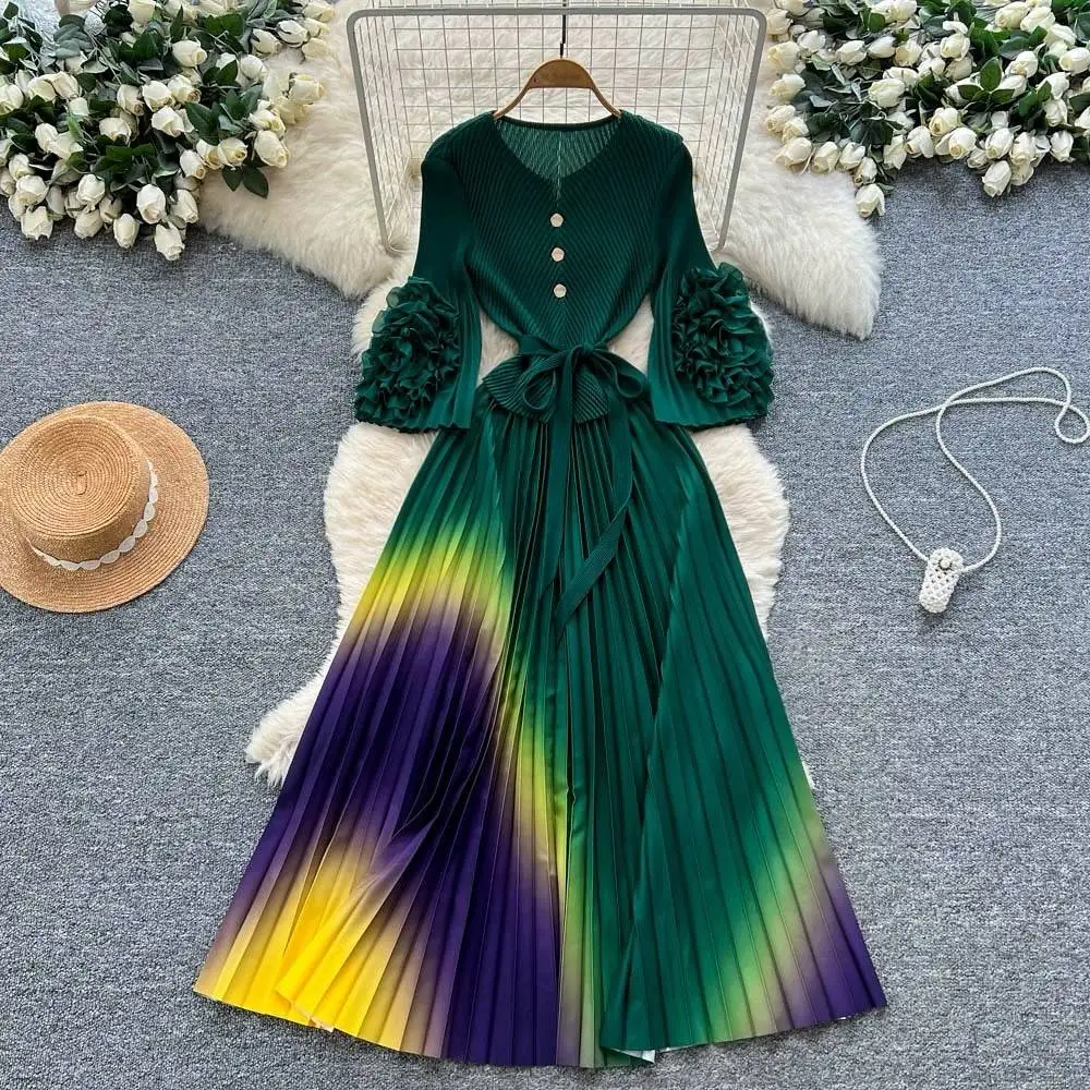 ANLAN Miyake Women's Plus Size Pleated Dresses 2025 New Elegant V-neck Thin Simple Waist Tie Long Dress Europe Middle East 2A168