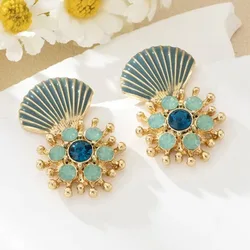 Stud Earrings For Women Girls Blue Scallop Shell Shiny Rhinestone Ear Accessories Holiday Party Gift OL Fashion Jewelry CE186