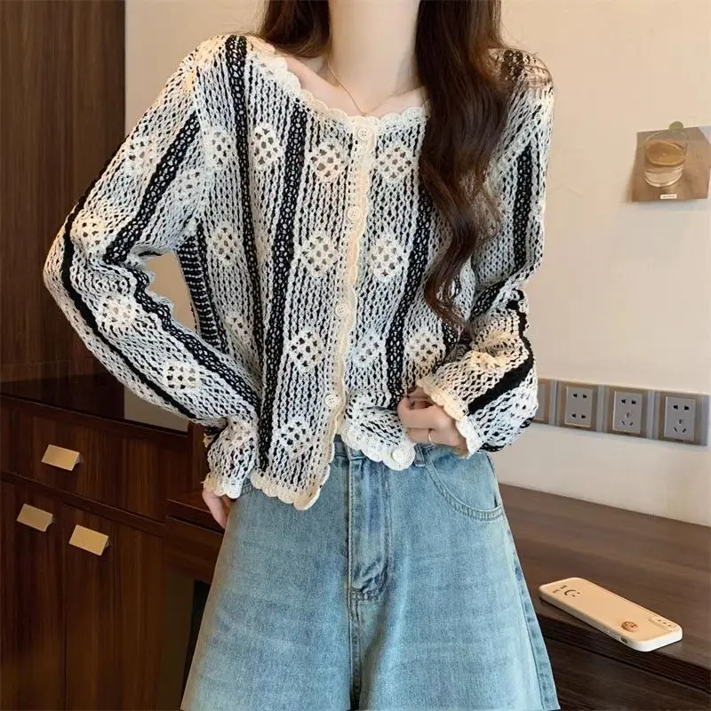 Spring Autumn New Multicolor Sweater Women High Street Round Neck Long Sleeve Fashion Cardigan Elegant Hollow Out Button Tops