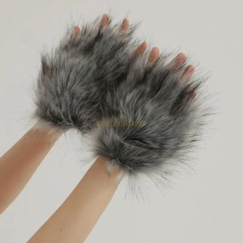 31BF Faux Furs Plush Furry Cats Paws Gloves Animal Foxes Paws Fingerless Mittens Fursuit Paws Therians Gear Halloween Costume