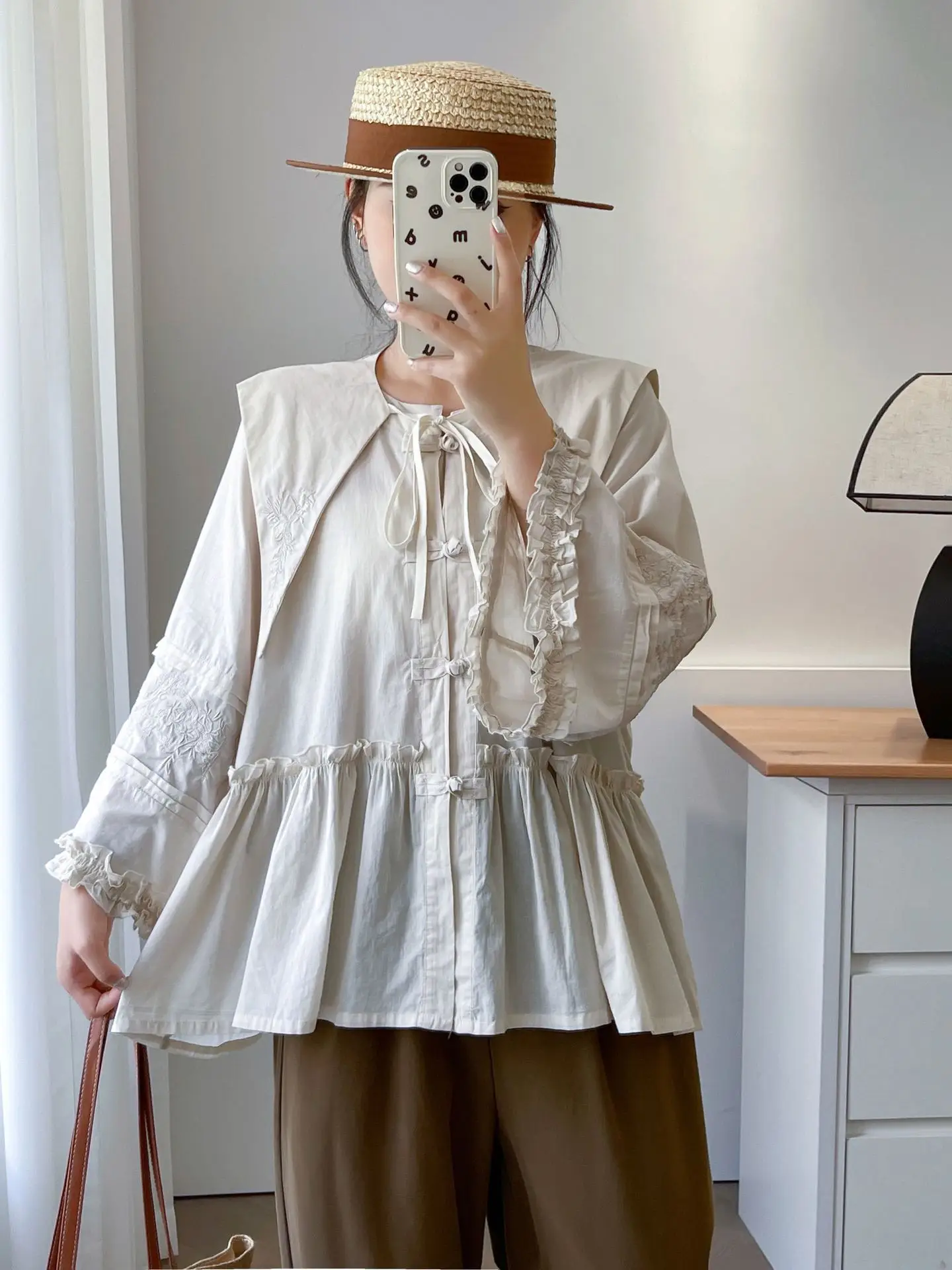 Mori kei clothing Japanese retro sailor collar ruffled embroider solid shirts and blouses vintage women\'s long sleeve top