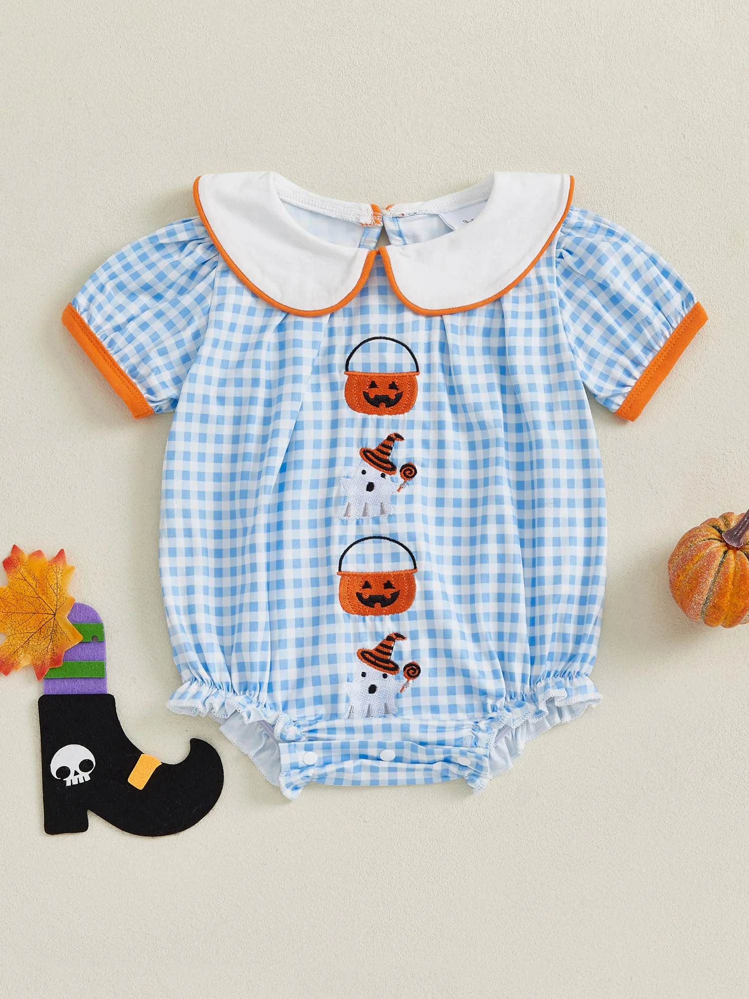 

Infant Pumpkin Patch Halloween Costume Short Sleeve Plaid Print Romper Baby Fall Playsuit with Ruffle Collar