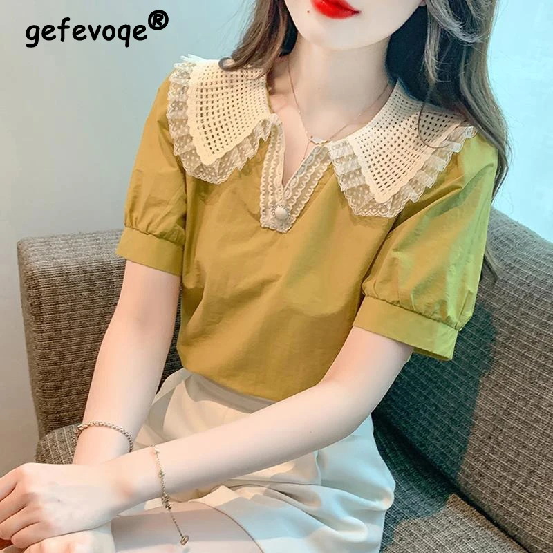 New Women Trendy Sweet Kawaii Lace Patchwork Blouses Korean Style Short Sleeve Loose Shirts Casual Solid Elegant Chic Tops Blusa