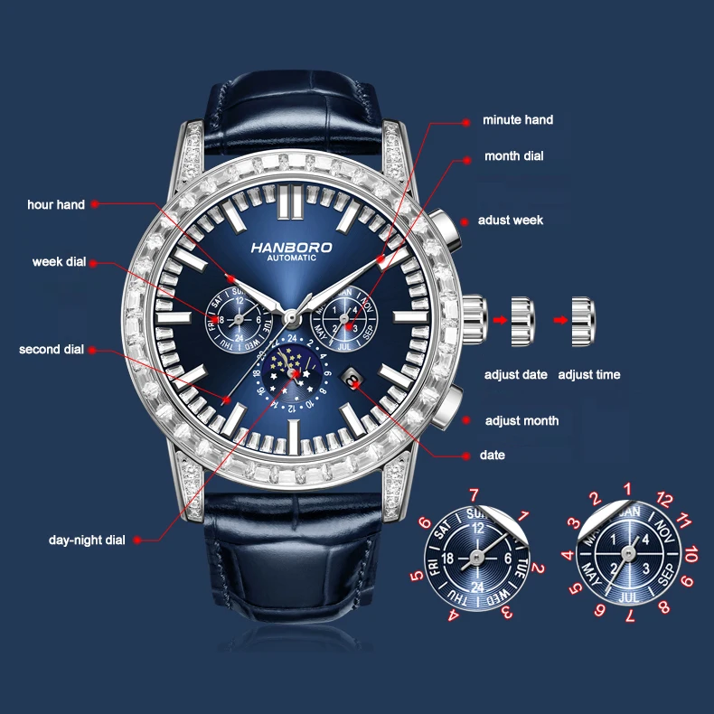 HANBORO Men Luxury Watch 43.5mm Automatic Mechanical Wristwatch Luminous 50M Waterproof Crystal Bezel Week Month Date